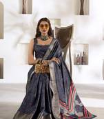 Dark navy blue soft dola silk blend with foil print saree with blouse