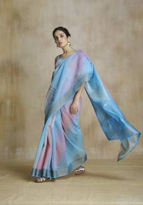 Blue fabric with digital print saree with blouse 1
