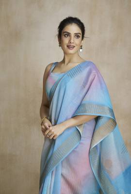 Blue fabric with digital print saree with blouse 2