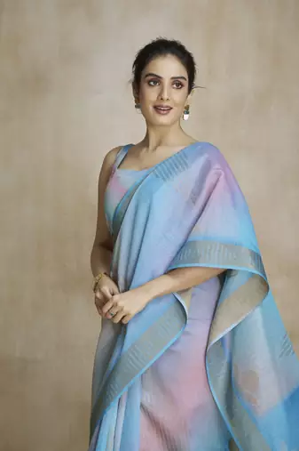 Blue fabric with digital print saree with blouse