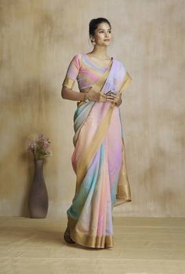 Peach fancy fabric with digital print saree with blouse 1