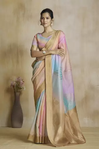 Peach fancy fabric with digital print saree with blouse