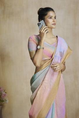 Peach fancy fabric with digital print saree with blouse 3