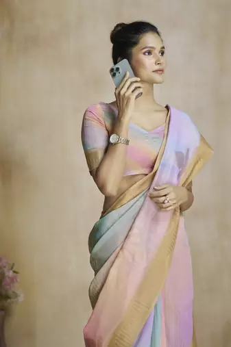 Peach fancy fabric with digital print saree with blouse
