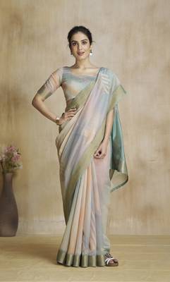 Grey fancy fabric with digital print saree with blouse 1