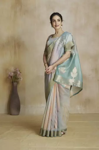 Grey fancy fabric with digital print saree with blouse