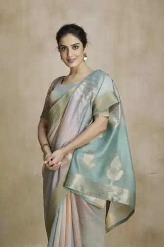 Grey fancy fabric with digital print saree with blouse