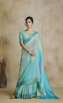 Turquoise fancy fabric with digital print saree with blouse 1