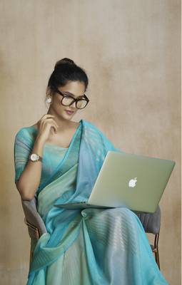 Turquoise fancy fabric with digital print saree with blouse 2