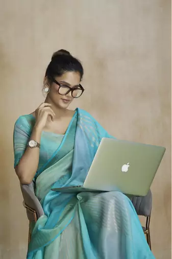 Turquoise fancy fabric with digital print saree with blouse
