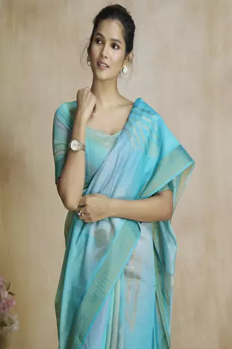 Turquoise fancy fabric with digital print saree with blouse