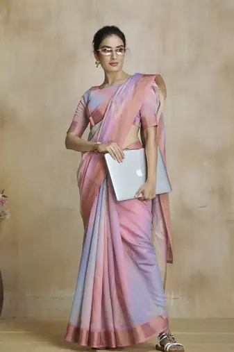 Pink fancy fabric with digital print saree with blouse