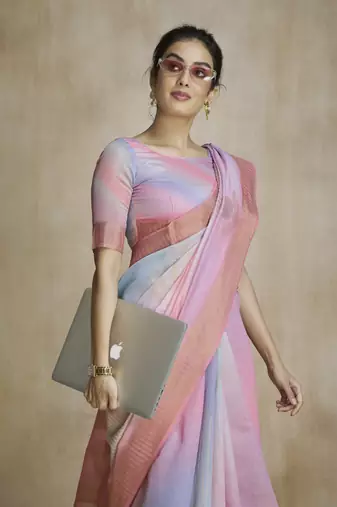 Pink fancy fabric with digital print saree with blouse