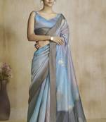 Dark grey fancy fabric with digital print saree with blouse