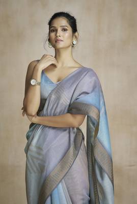 Dark grey fancy fabric with digital print saree with blouse 2