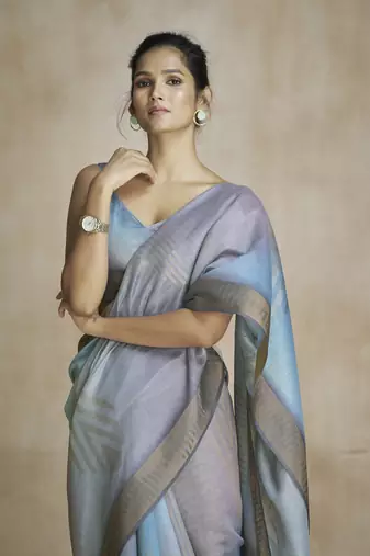 Dark grey fancy fabric with digital print saree with blouse
