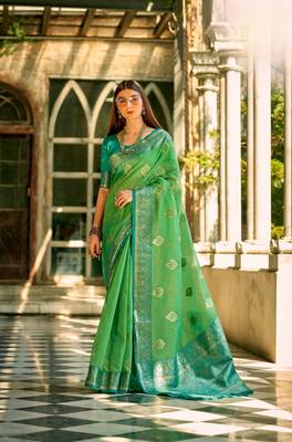 Green soft tissue silk blend with zari weaving saree with blouse 1