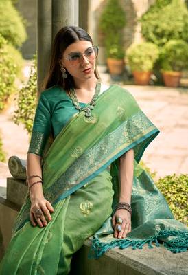 Green soft tissue silk blend with zari weaving saree with blouse 2
