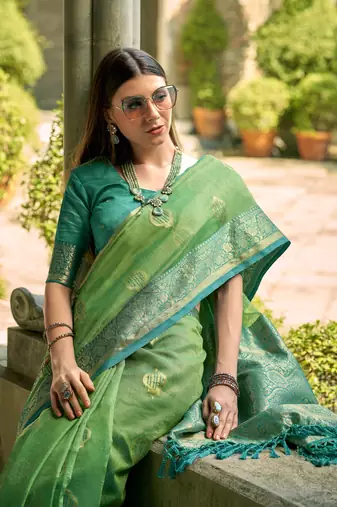 Green soft tissue silk blend with zari weaving saree with blouse