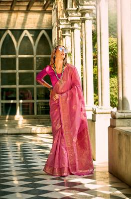 Pink soft tissue silk blend with zari weaving saree with blouse 1