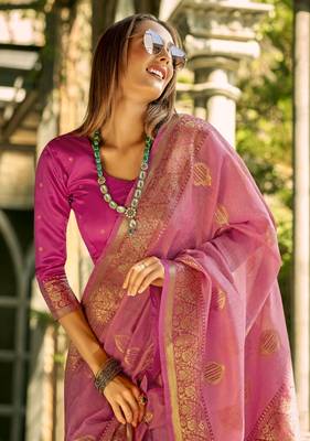 Pink soft tissue silk blend with zari weaving saree with blouse 2