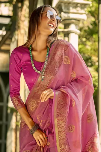 Pink soft tissue silk blend with zari weaving saree with blouse