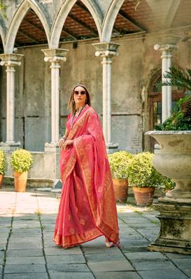 Peach soft tissue silk blend with zari weaving saree with blouse 1