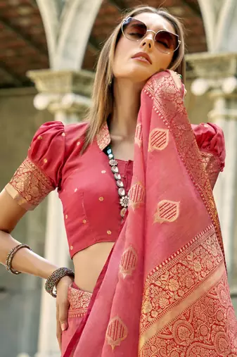 Peach soft tissue silk blend with zari weaving saree with blouse