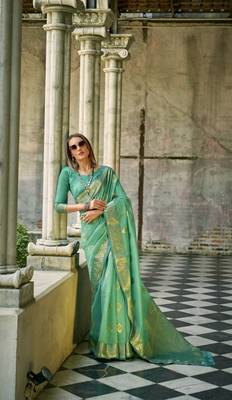 Turquoise soft tissue silk blend with zari weaving saree with blouse 1