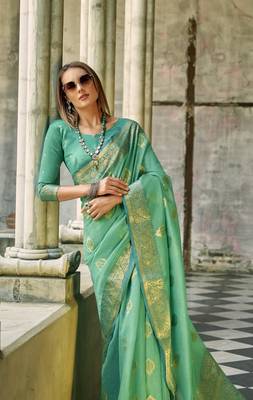 Turquoise soft tissue silk blend with zari weaving saree with blouse 2