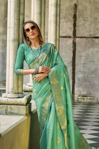 Turquoise soft tissue silk blend with zari weaving saree with blouse
