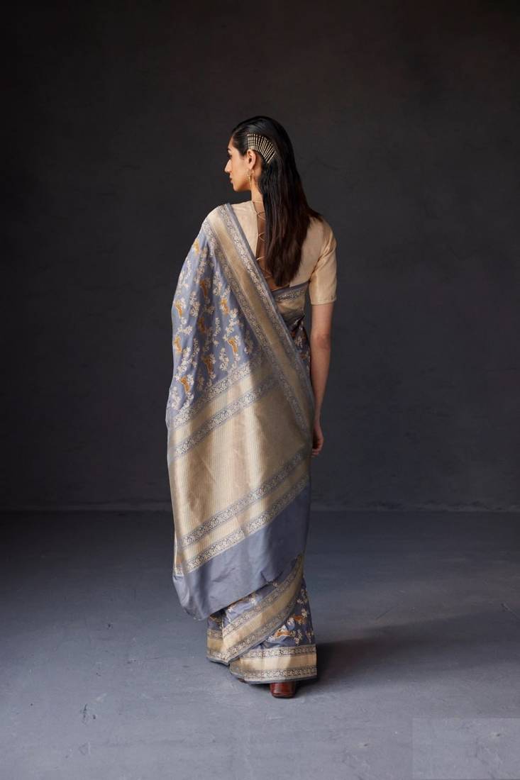 Grey Silk Blend Woven Banarasi Wedding Saree