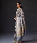 Grey Silk Blend Woven Banarasi Wedding Saree