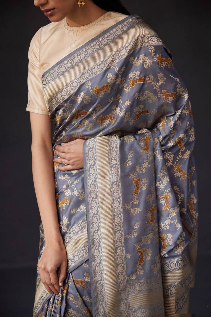 Grey Silk Blend Woven Banarasi Wedding Saree
