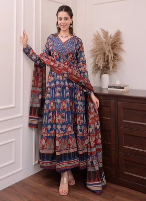 Angrakha cotton work sequence katha embroidered kurta with pant and dupatta 1
