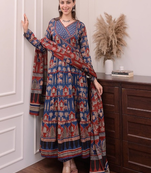 Angrakha cotton work sequence katha embroidered kurta with pant and dupatta