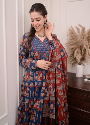 Angrakha cotton work sequence katha embroidered kurta with pant and dupatta 3