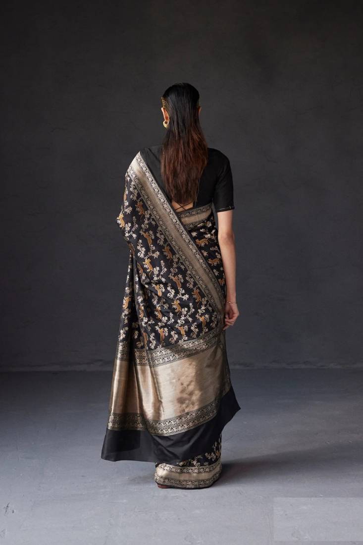 Black Silk Blend Woven Banarasi Wedding Saree