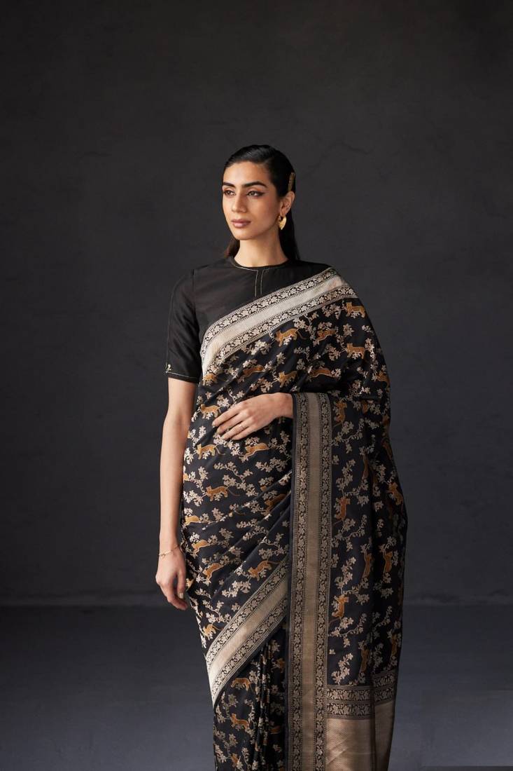 Black Silk Blend Woven Banarasi Wedding Saree