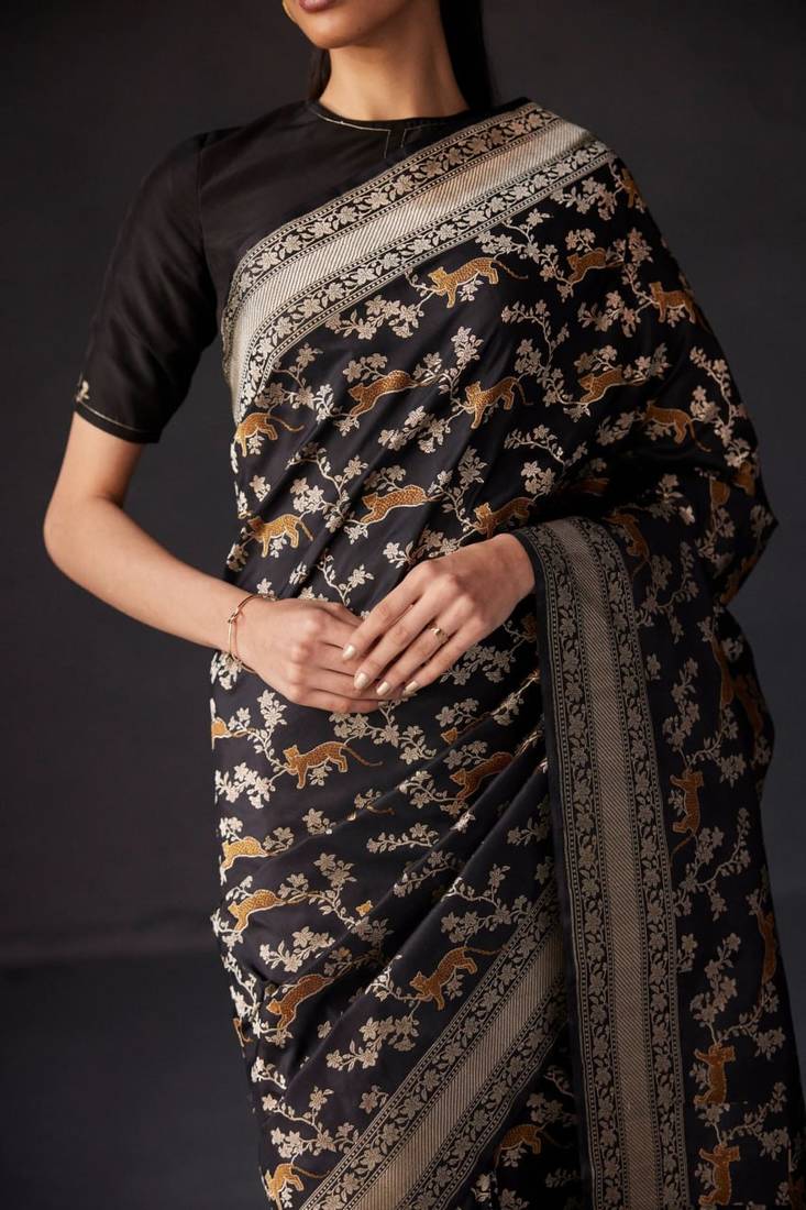 Black Silk Blend Woven Banarasi Wedding Saree