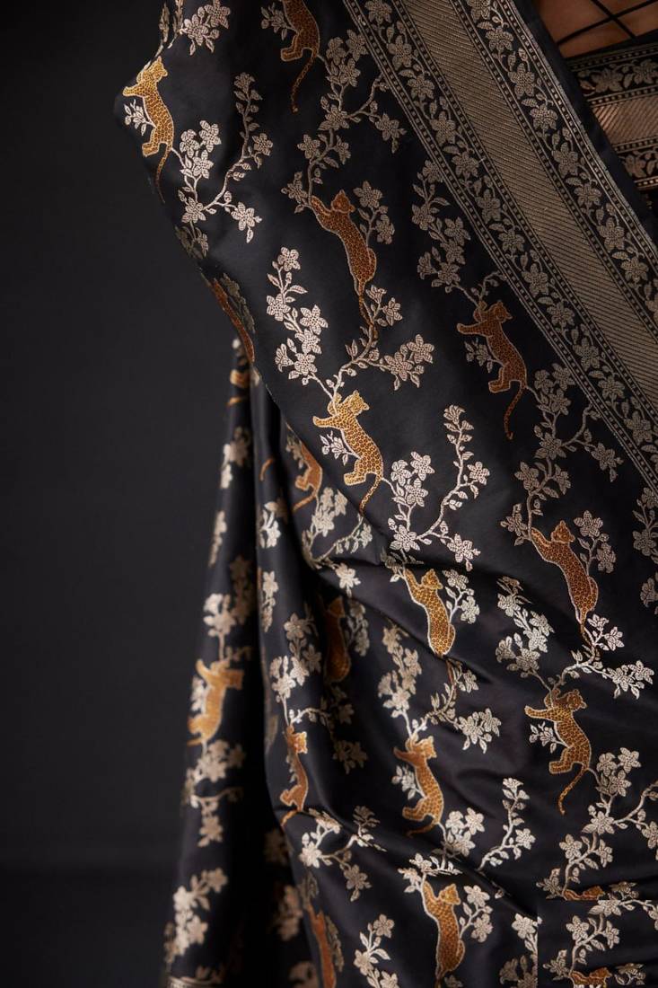 Black Silk Blend Woven Banarasi Wedding Saree