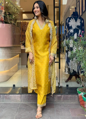 Mustard yellow chinon kurti with pant and dupatta for women 1