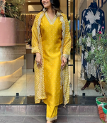 Mustard yellow chinon kurti with pant and dupatta for women