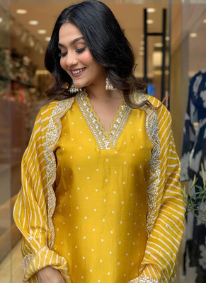 Mustard yellow chinon kurti with pant and dupatta for women 2