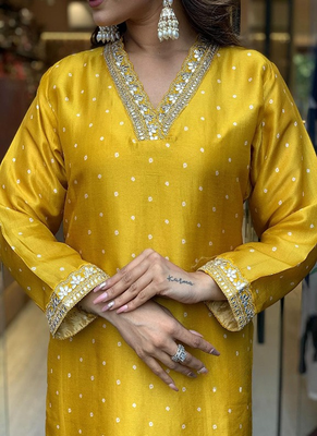 Mustard yellow chinon kurti with pant and dupatta for women 3