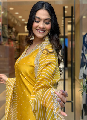 Mustard yellow chinon kurti with pant and dupatta for women 4