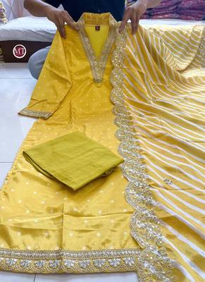 Mustard yellow chinon kurti with pant and dupatta for women 5