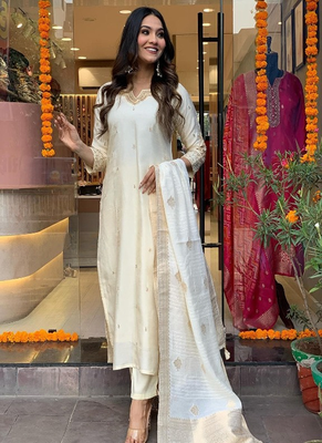 White cotton silk kurti with pant and dupatta for women 1