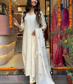 White cotton silk kurti with pant and dupatta for women