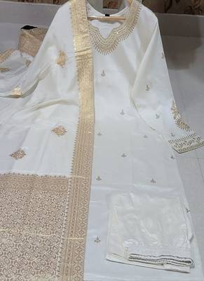 White cotton silk kurti with pant and dupatta for women 4